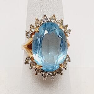 Vintage 18K HGE Blue Glass Ring Size 7 Halo Rhinestones Estate Style